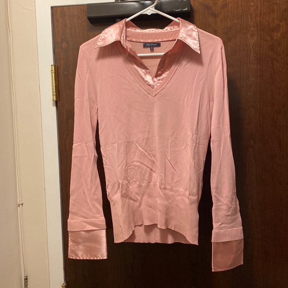 Anne Klein Pink Long Sleeve Shirt with Satin Faux Collar Size M